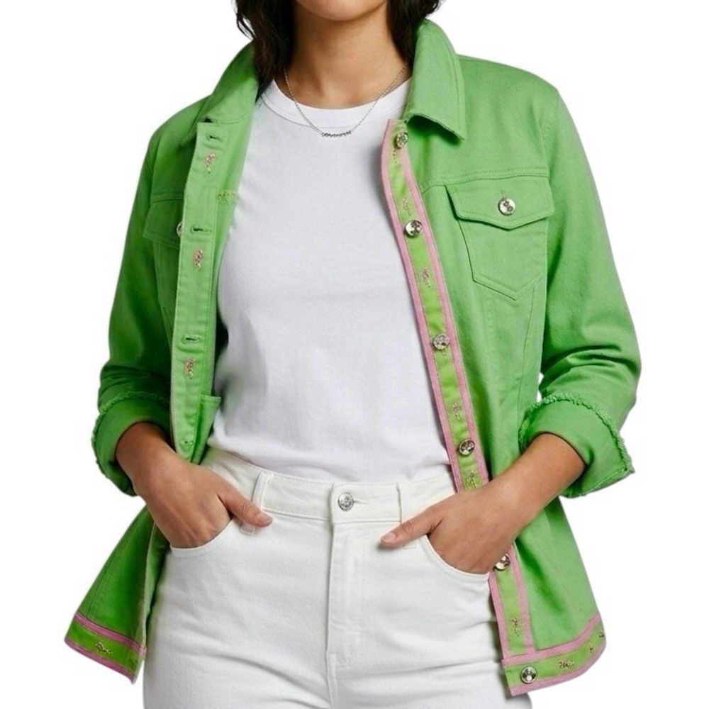 QUACKER FACTORY Green Jacket sz 1X Pink Whales Country Club Coastal Grannycore